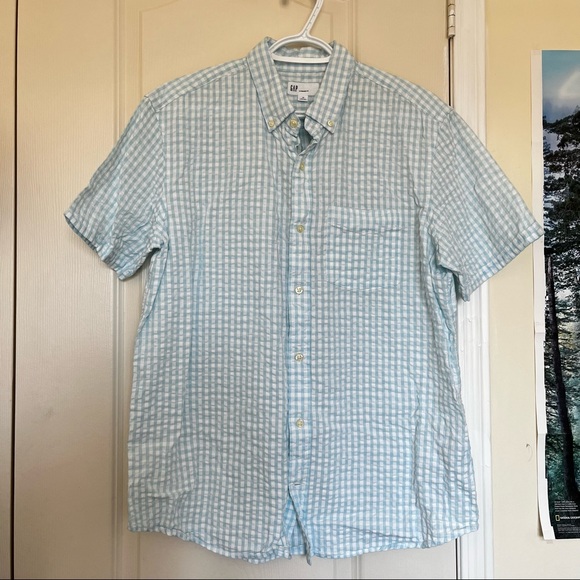 Gap mens light blue shortsleeved casual plaid button up shirt - Picture 2 of 4